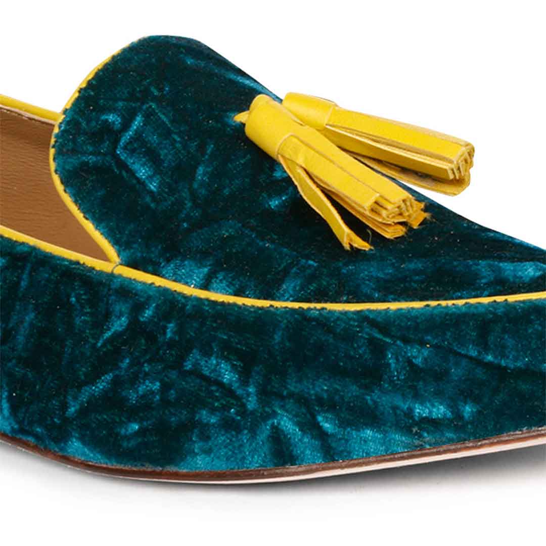 Best women's teal green crushed velvet tassel loafer moccasins with yellow trim, ladies texture and tassel detail, UK