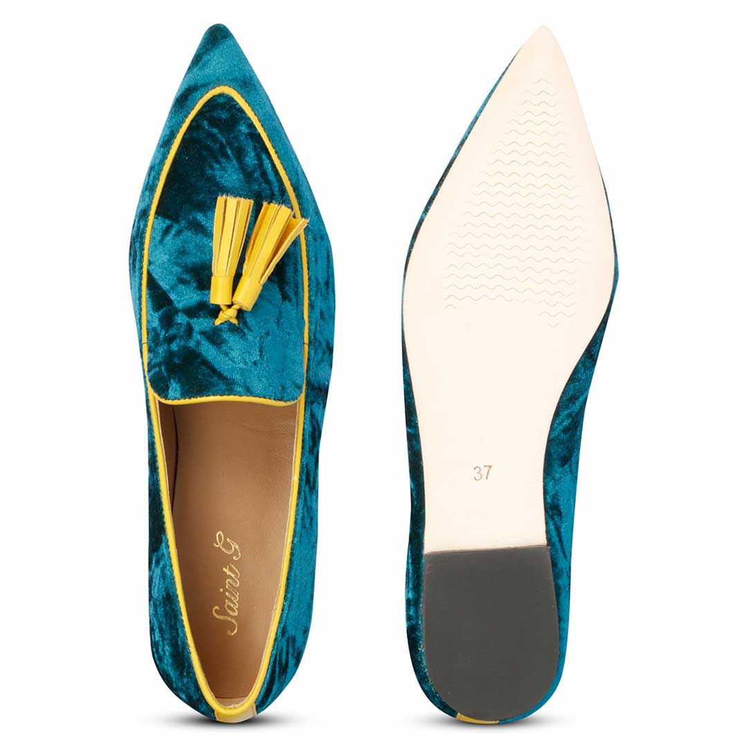 Best ladies teal green crushed velvet tassel loafer moccasins with yellow trim, women's top and sole flat lay, UK