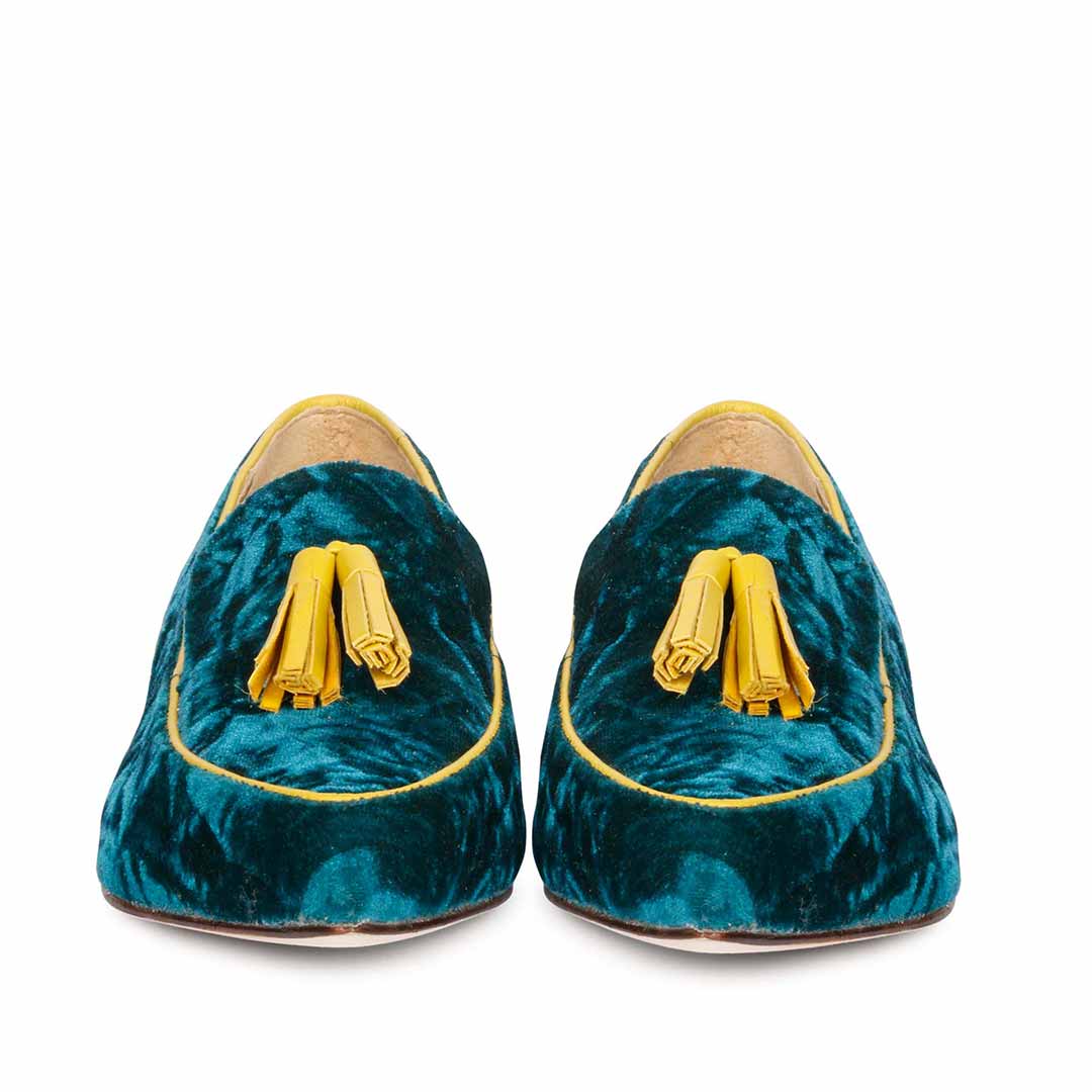 Women's teal green crushed velvet tassel loafer moccasins with yellow trim, ladies toe front view – best UK