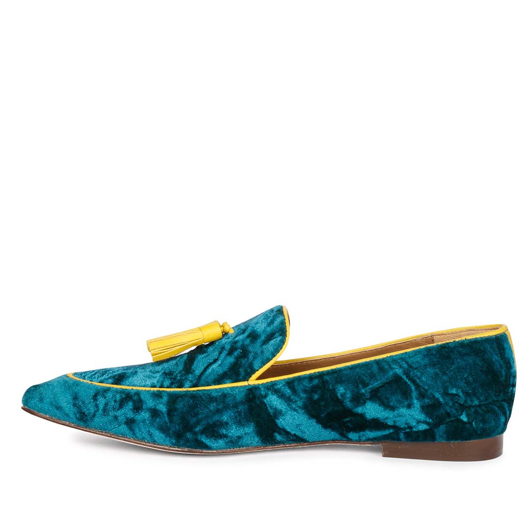 Ladies teal green crushed velvet tassel loafer moccasins with yellow trim, best women's side angle view, UK