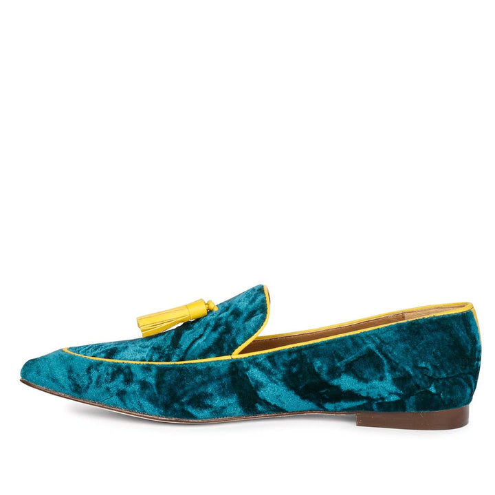 Ladies teal green crushed velvet tassel loafer moccasins with yellow trim, best women's side angle view, UK