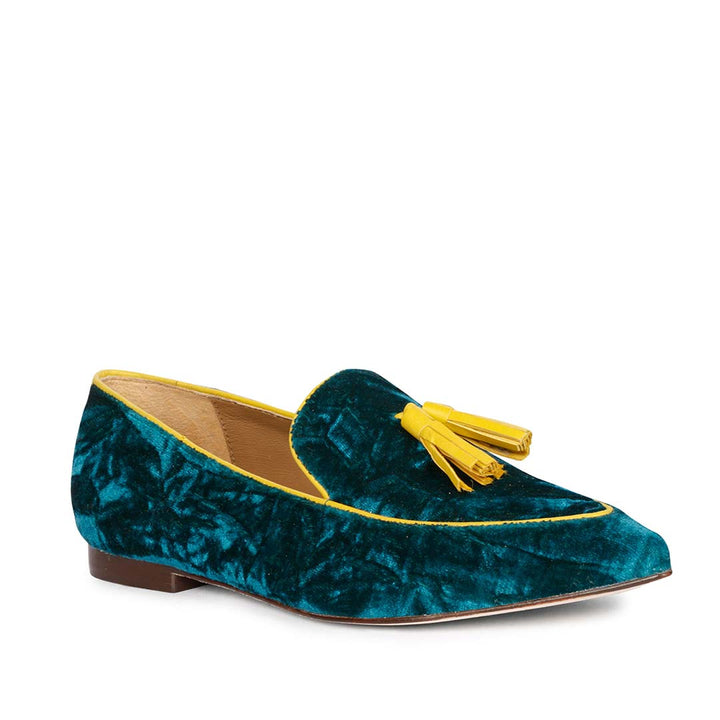 Best women's teal green crushed velvet tassel loafer moccasins with yellow trim, ladies three-quarter side view, UK