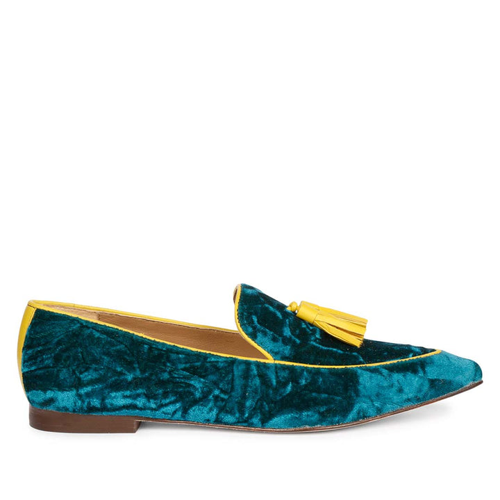 Best teal green crushed velvet tassel loafer moccasins with yellow trim for women – ladies side profile view, UK