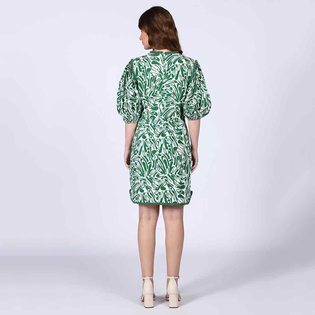 Saint Solene green swirl-print short dress for women UK, back view.