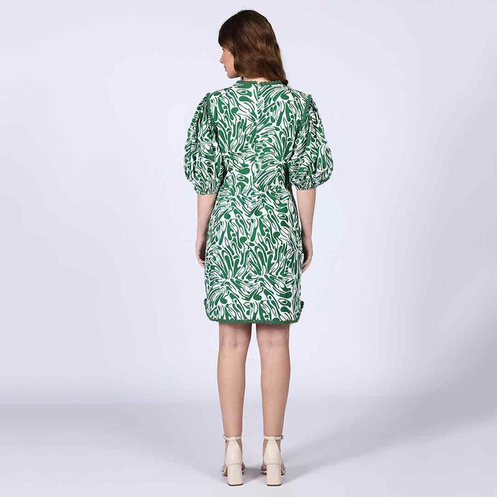 Saint Solene green swirl-print short dress for women UK, back view.