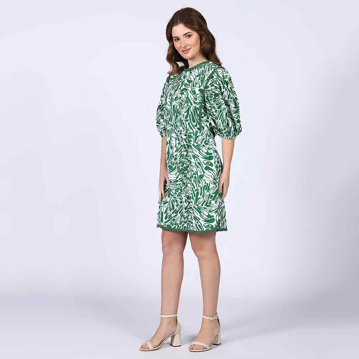 Women's green swirl-print short dress by Saint Solene, full front view.