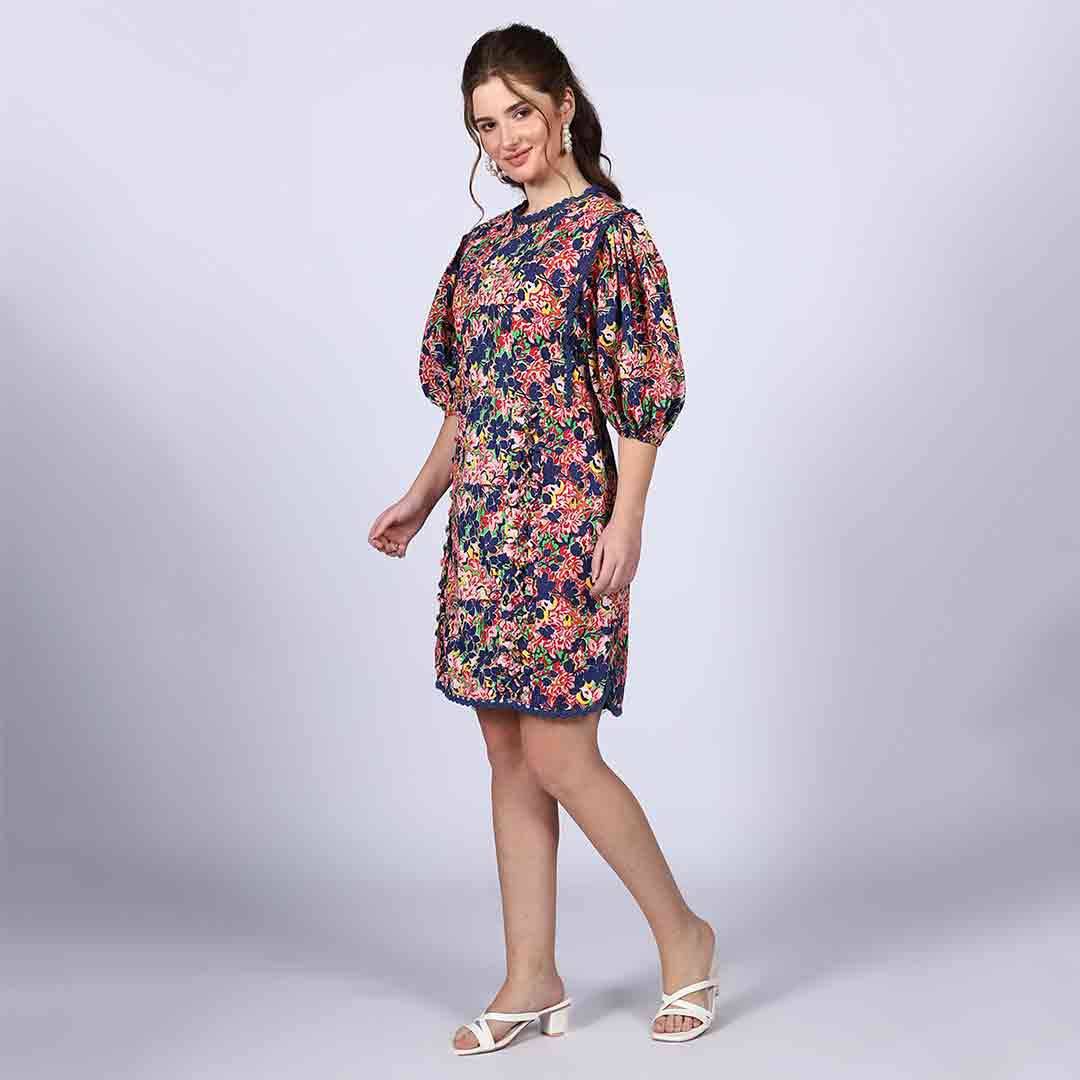 Saint Solene multicolour floral short dress for women UK, three-quarter front view.