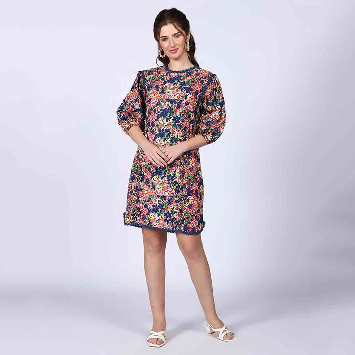 Saint Solene multicolour floral short dress for women UK, front view with puff sleeves and scalloped hem.