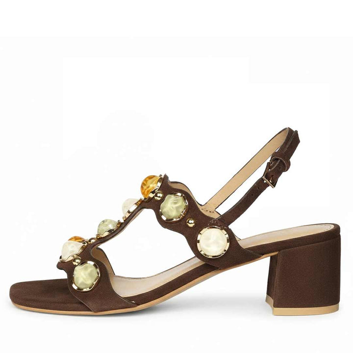 Saint Solira multi-stone brown suede low block heel sandals, angled view