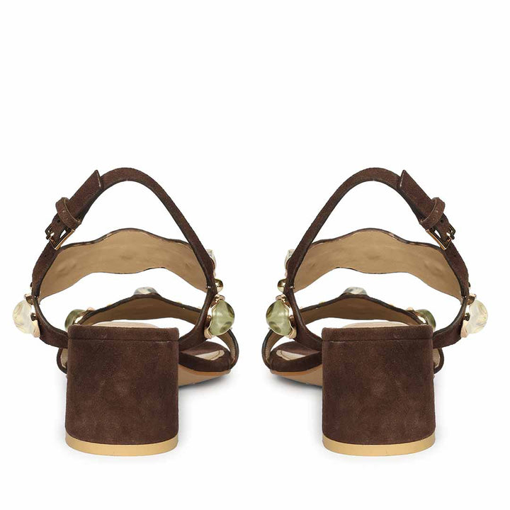 Saint Solira brown suede low block heel slingback sandals, back view with buckle