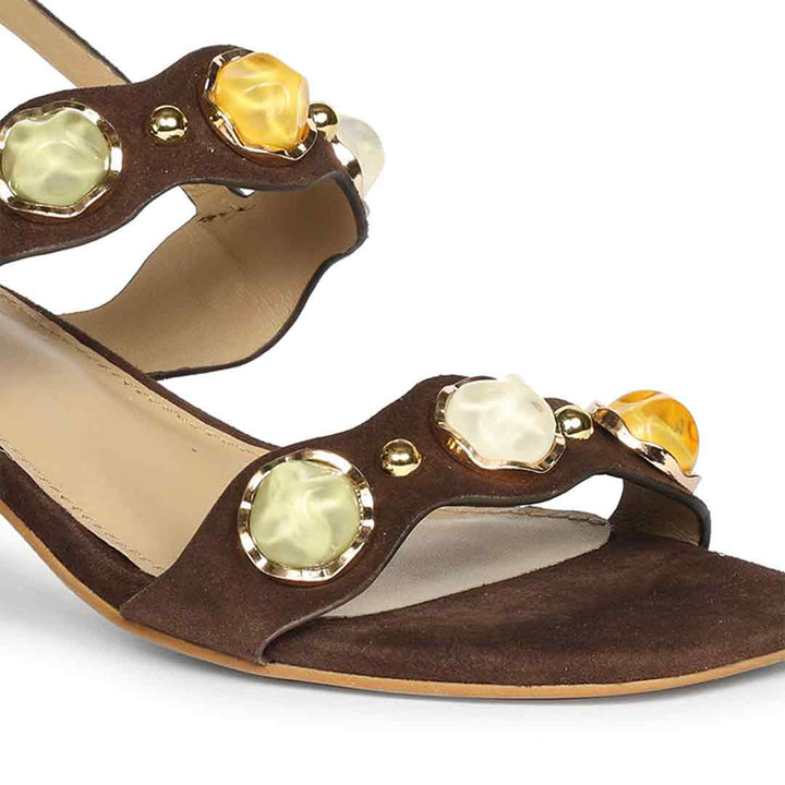 Close-up of multi-coloured stones on Saint Solira brown suede low block heel sandals