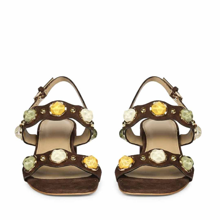 Saint Solira brown suede low block heel sandals, front view of multi-stone straps