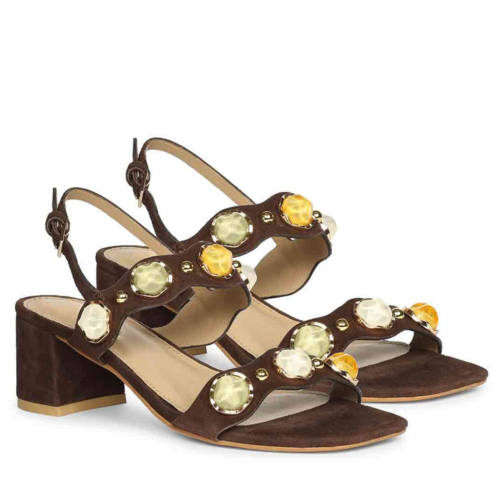 Saint Solira brown suede low block heel slingback sandals, pair view