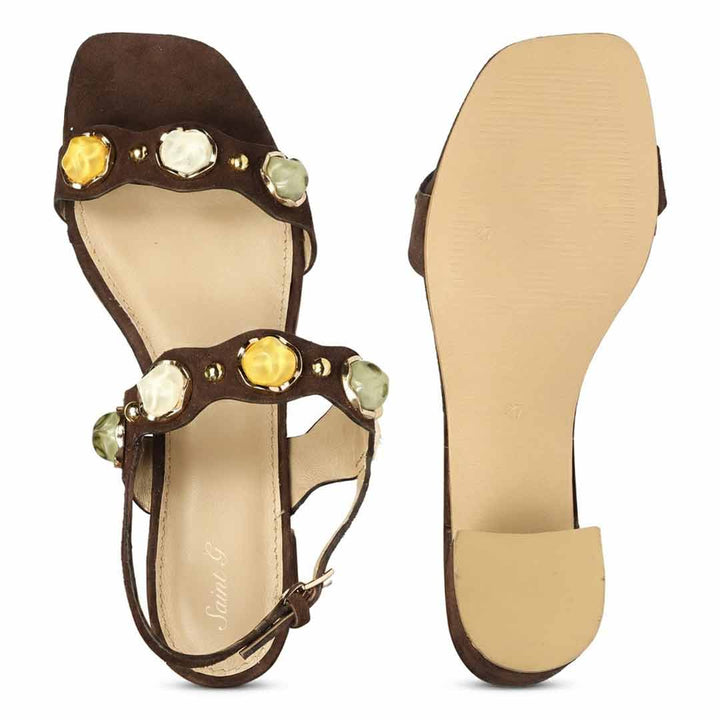 Saint Solira brown suede low block heel sandals, top-down view