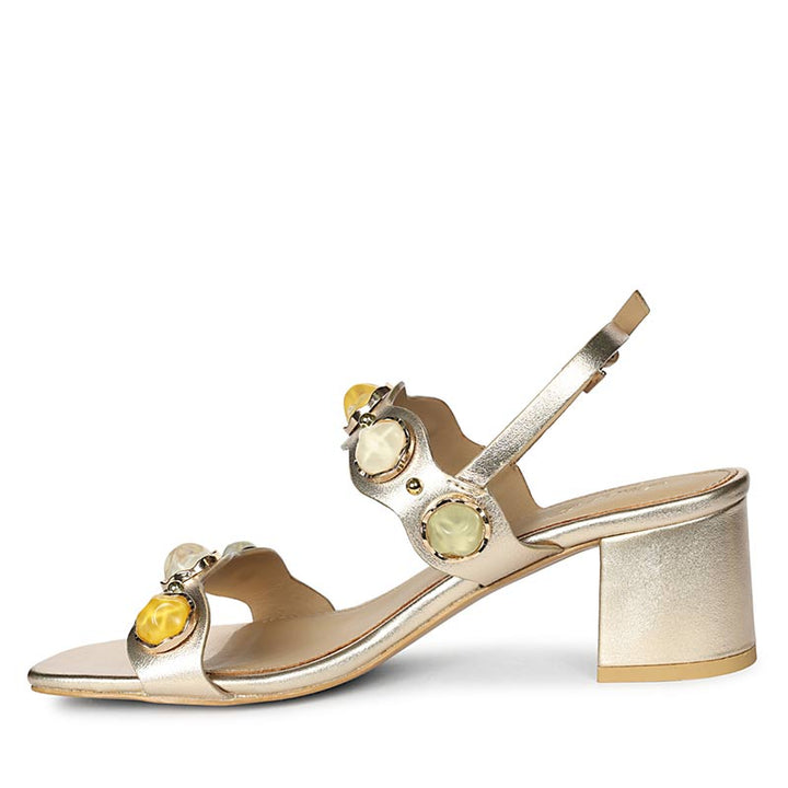 Saint Solira multi-stone metallic gold low block heel sandals, angled view