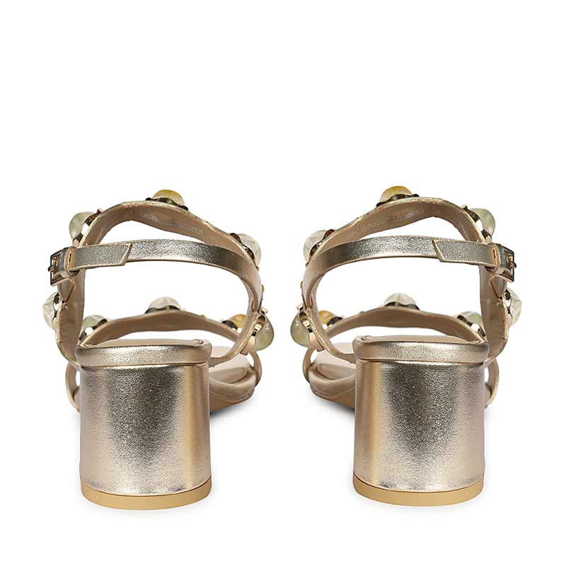 Saint Solira metallic gold low block heel slingback sandals, back view with buckle
