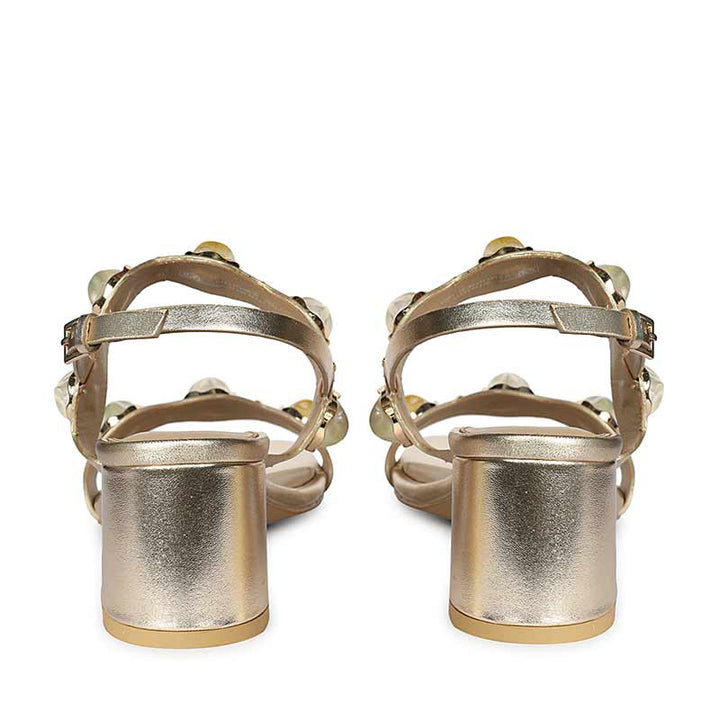 Saint Solira metallic gold low block heel slingback sandals, back view with buckle