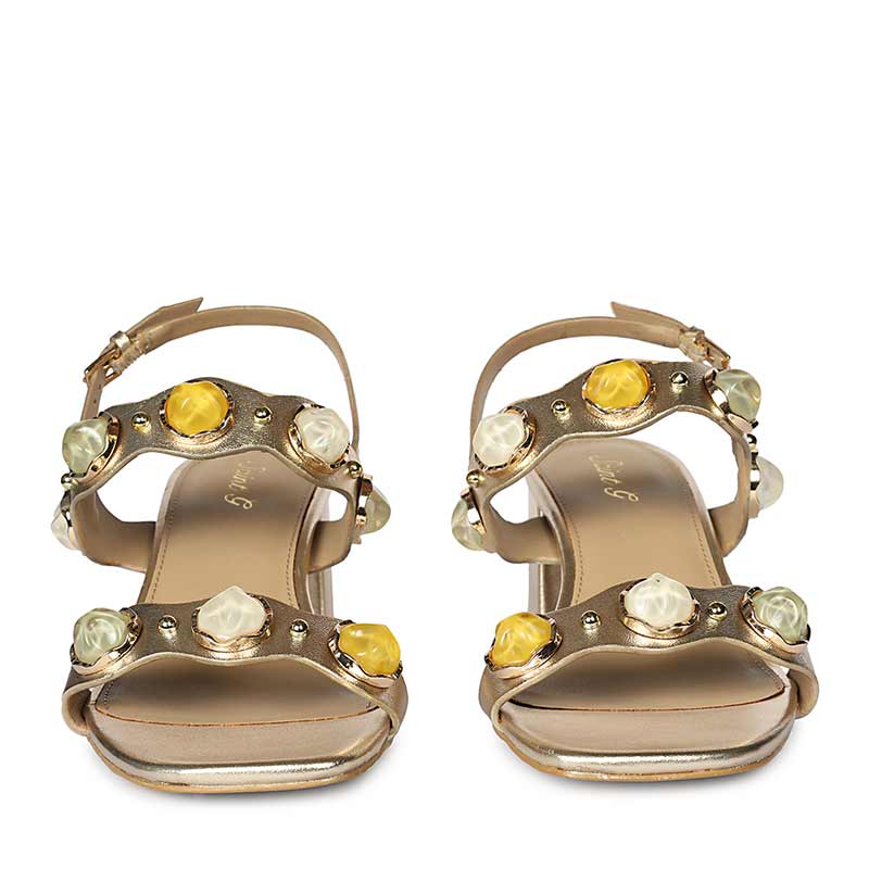 Saint Solira metallic gold low block heel sandals, front view of multi-stone straps