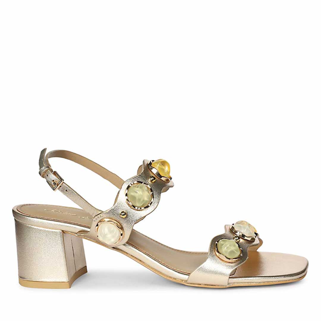 Saint Solira metallic gold low block heel slingback sandals with multi-stone straps, side view