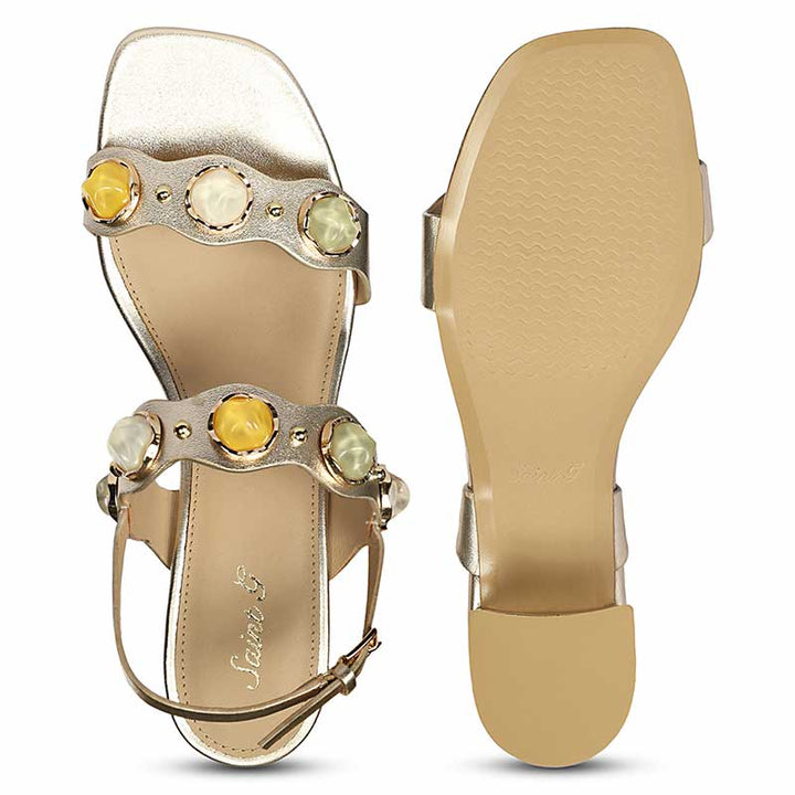 Saint Solira metallic gold low block heel sandals, top-down view
