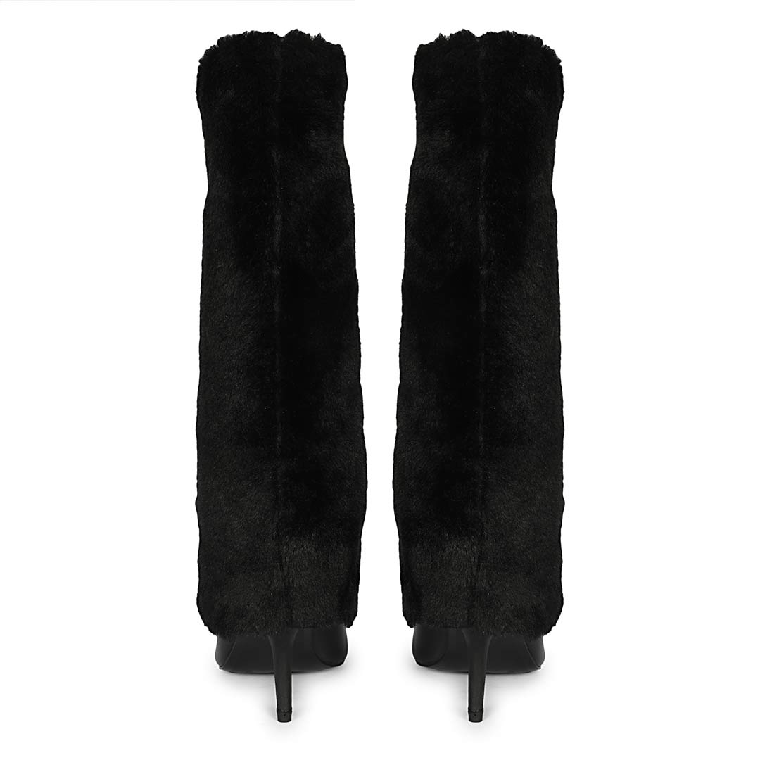 Saint Solveig black leather knee high boots, back pair view showing fur cuff