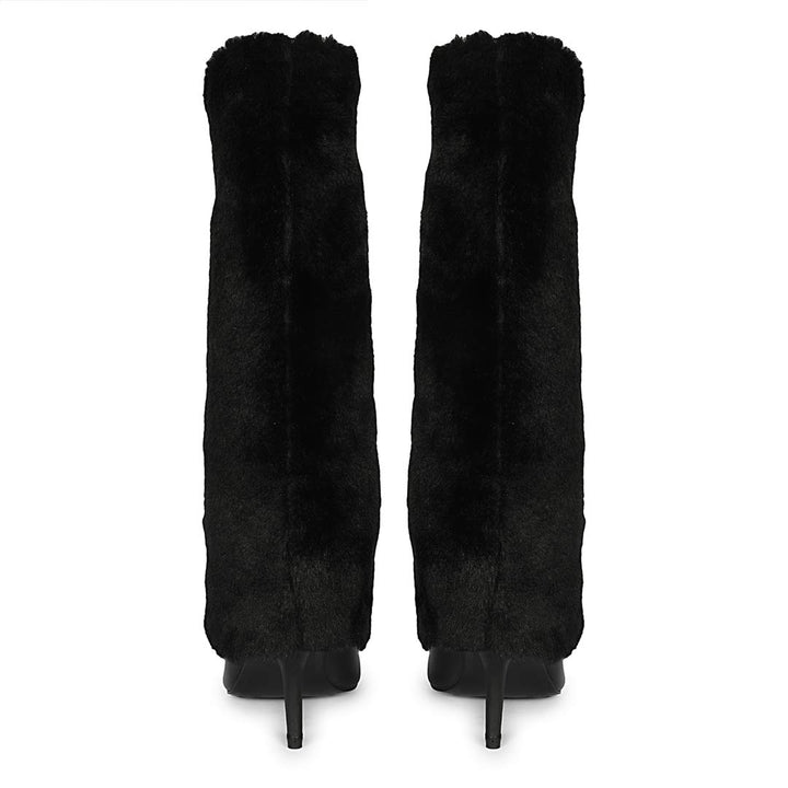 Saint Solveig black leather knee high boots, back pair view showing fur cuff