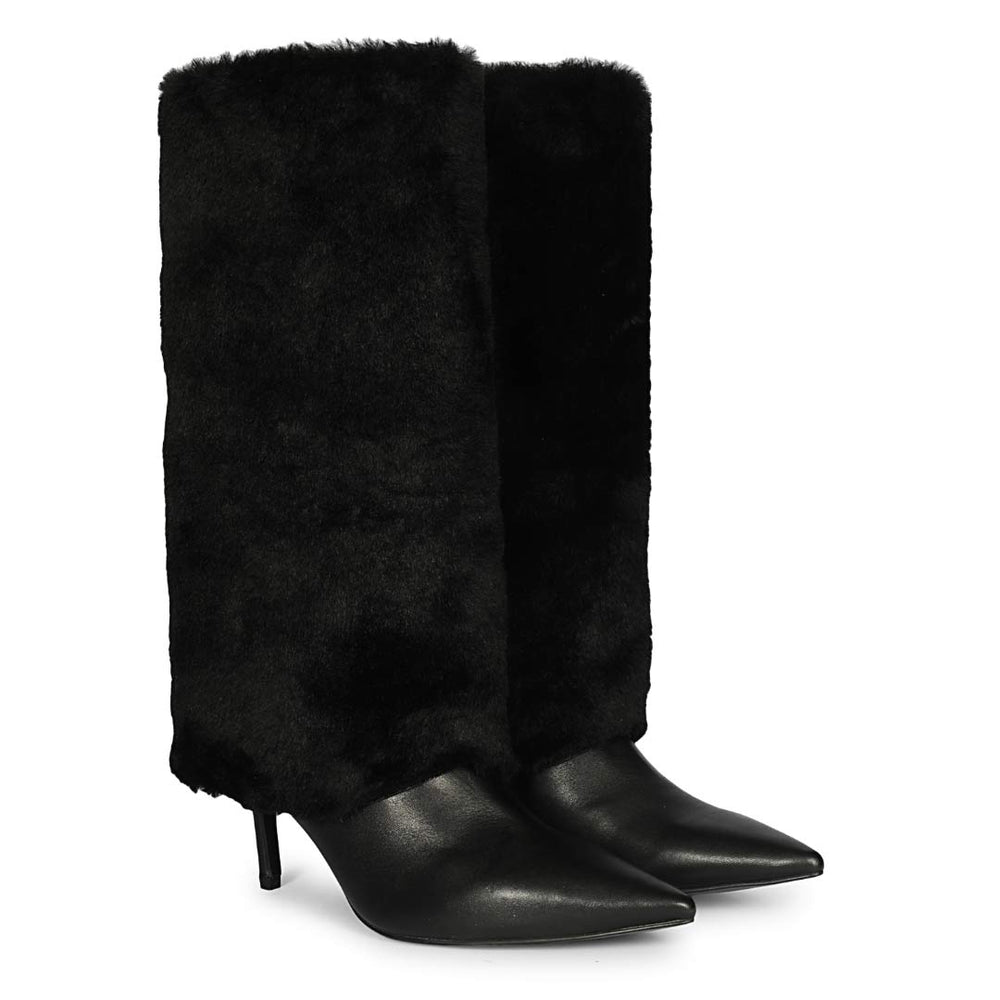 Black leather knee high boots for women UK, pair view showing fur cuff detail