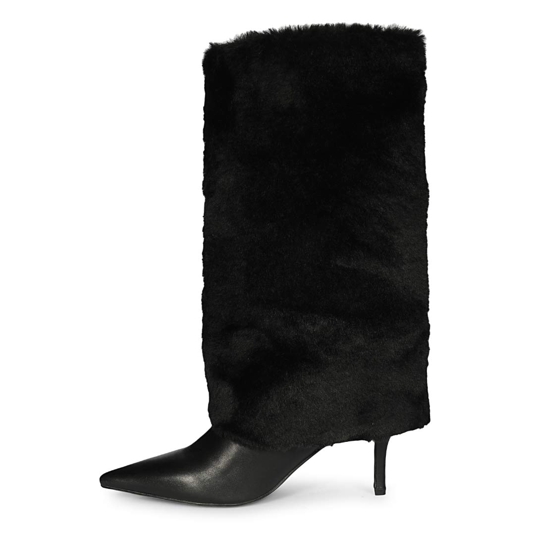 Saint Solveig black knee high boots, alternate side view of fur cuff