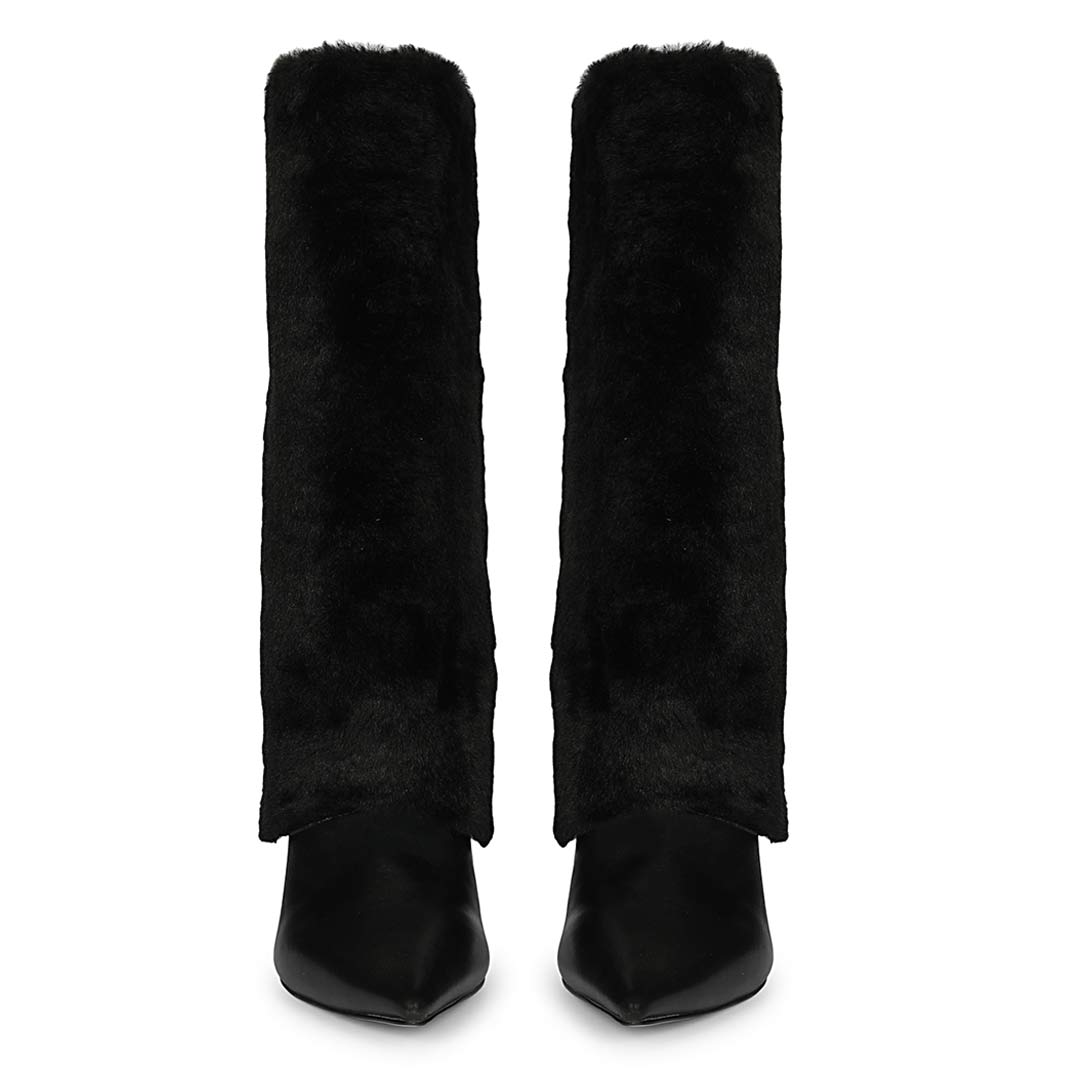 Women's fur cuff black leather knee high boots, additional side angle