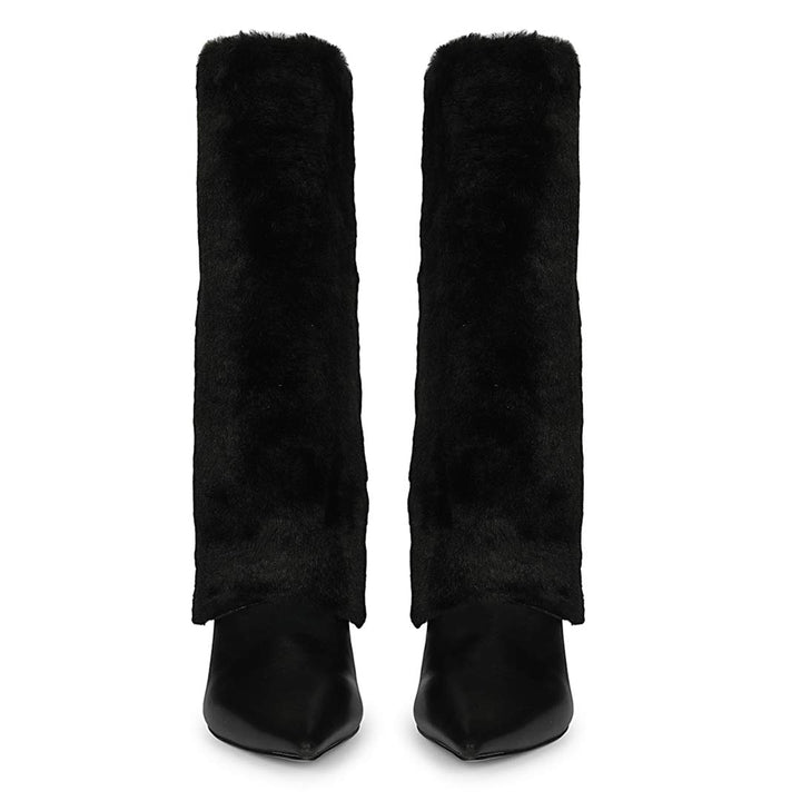 Women's fur cuff black leather knee high boots, additional side angle