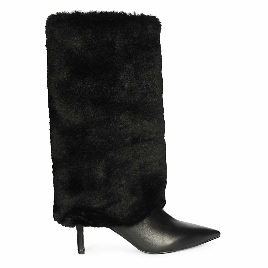 Saint Solveig fur cuff black leather knee high boots for women, side view of fold-over fur cuff