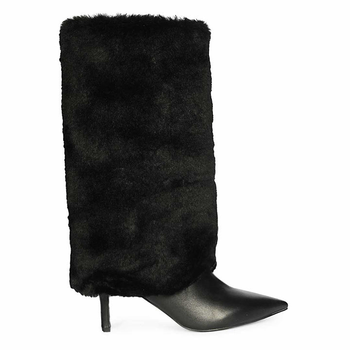 Saint Solveig fur cuff black leather knee high boots for women, side view of fold-over fur cuff