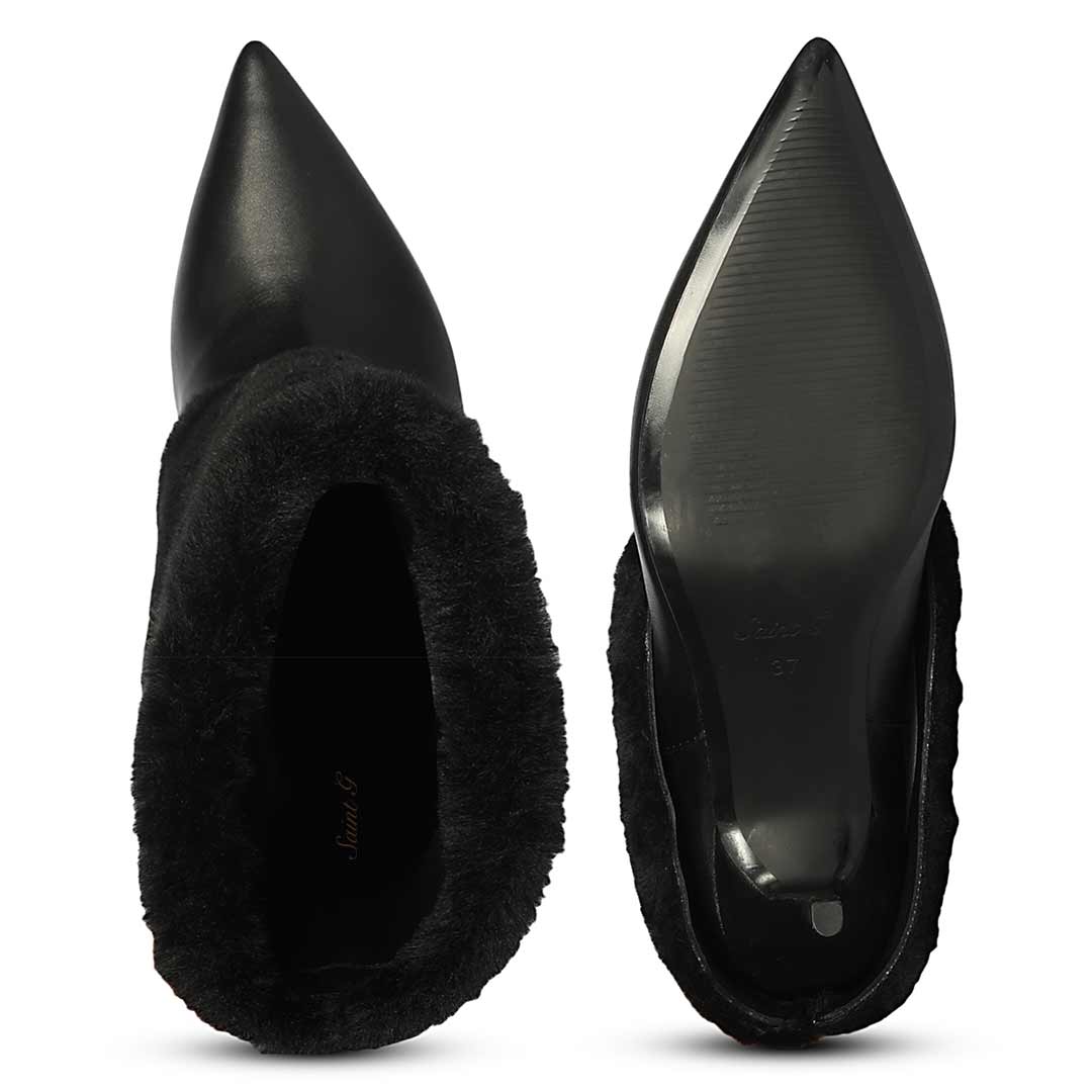 Saint Solveig fur cuff black leather knee high boots, interior and sole view