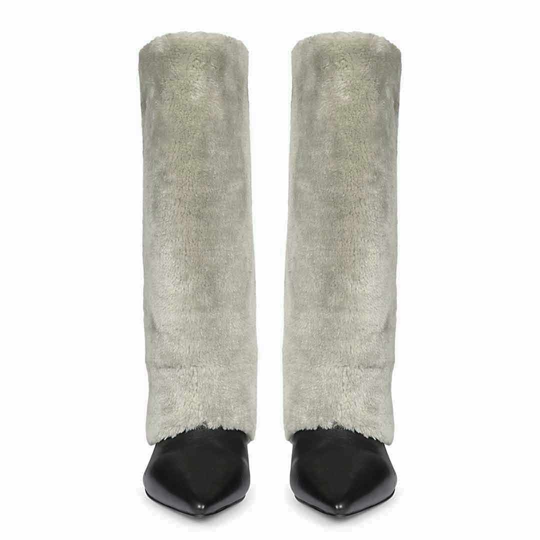 Women's grey fur cuff knee high boots, front pair view