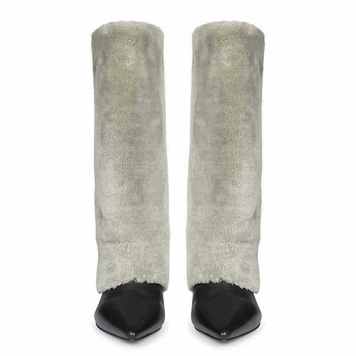 Women's grey fur cuff knee high boots, front pair view