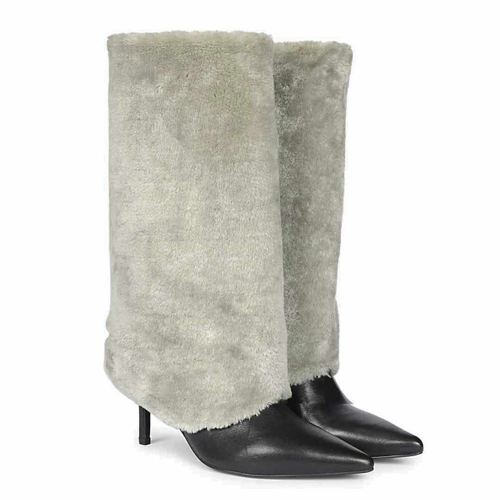 Knee high boots for women UK with grey fur cuff, pair view
