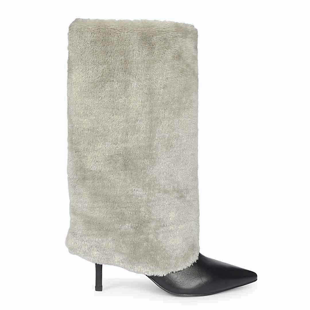 Saint Solveig grey fur cuff knee high boots for women, side view of fold-over fur cuff
