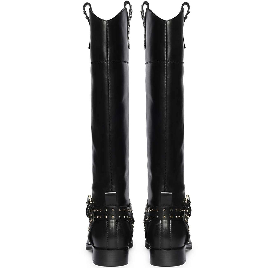 Saint Soraya studded black leather long boots, back pair view showing pull tabs