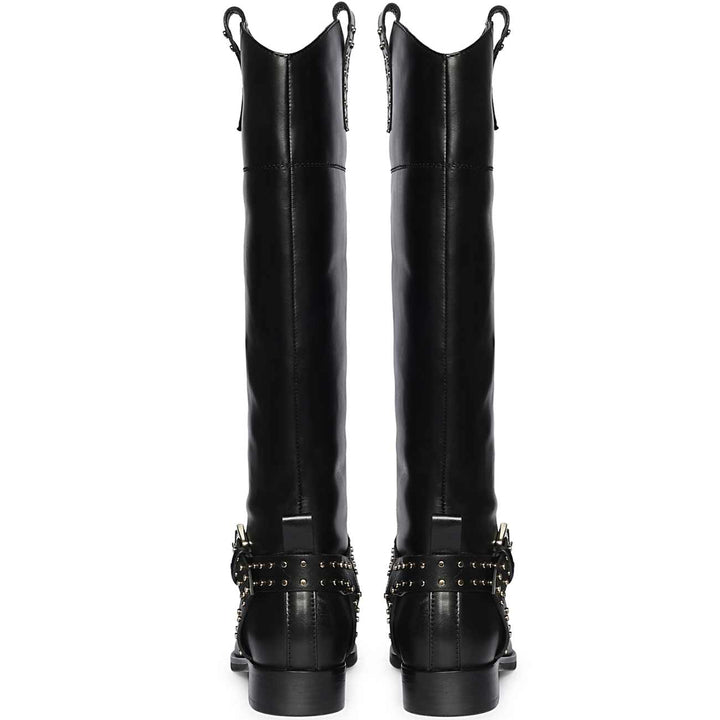 Saint Soraya studded black leather long boots, back pair view showing pull tabs