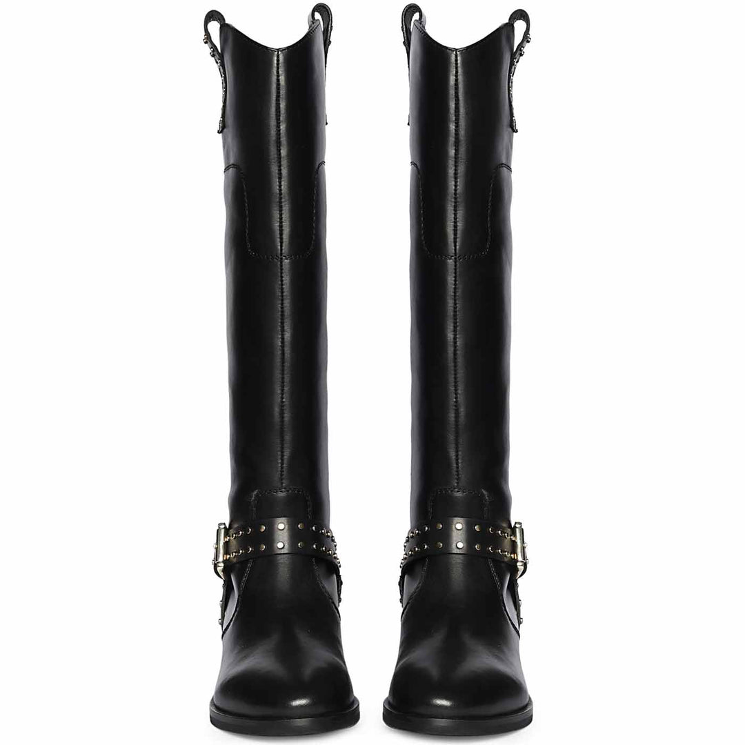 Women's Saint Soraya black long boots, front pair view of studded buckle strap