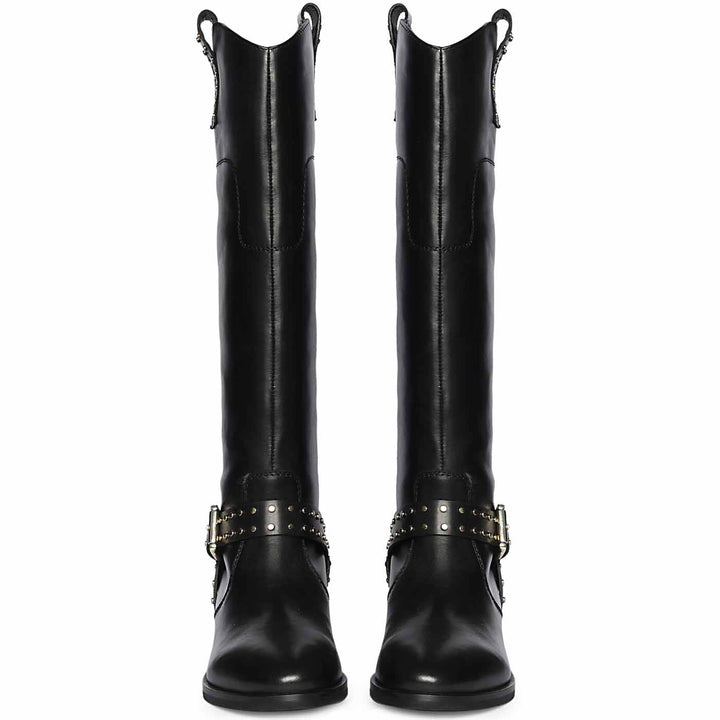 Women's Saint Soraya black long boots, front pair view of studded buckle strap