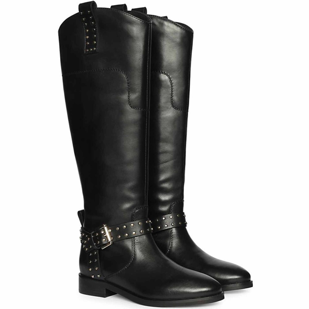 Women's Saint Soraya black leather long boots, pair view showing studded buckle strap
