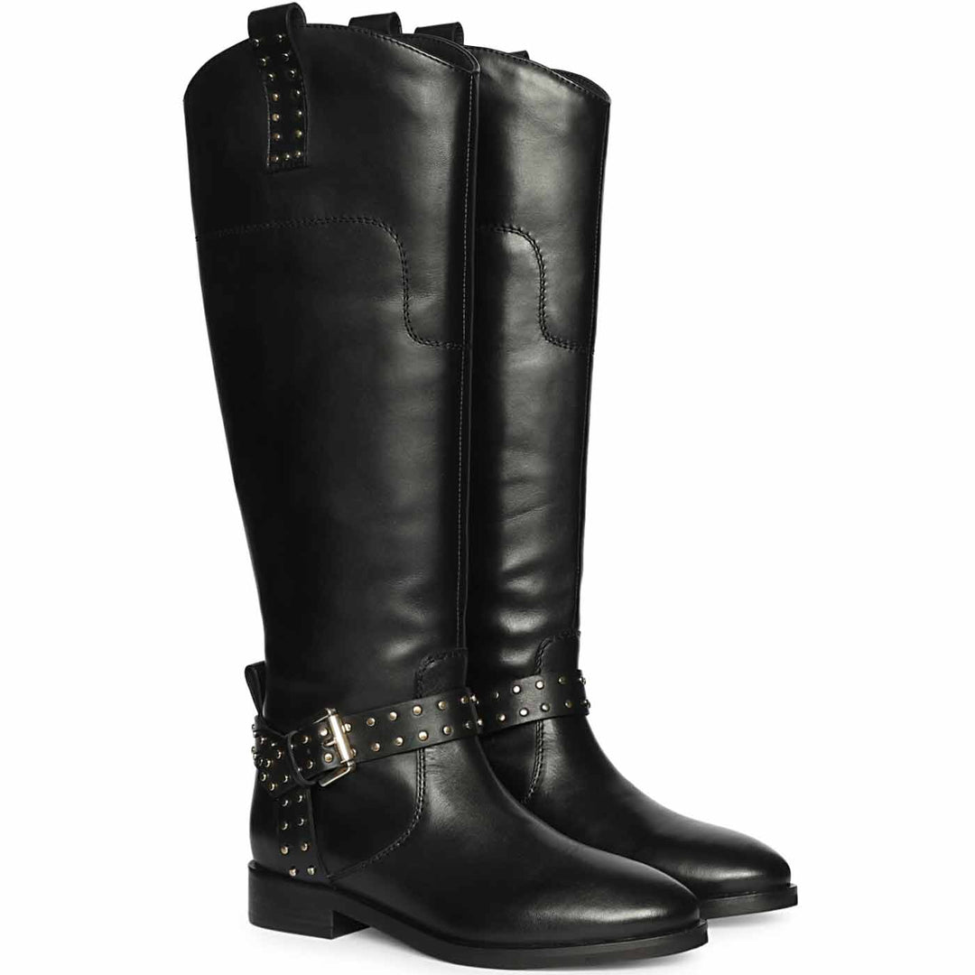 Women's Saint Soraya black leather long boots, pair view showing studded buckle strap