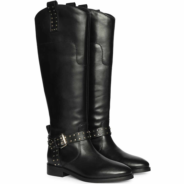 Women's Saint Soraya black leather long boots, pair view showing studded buckle strap