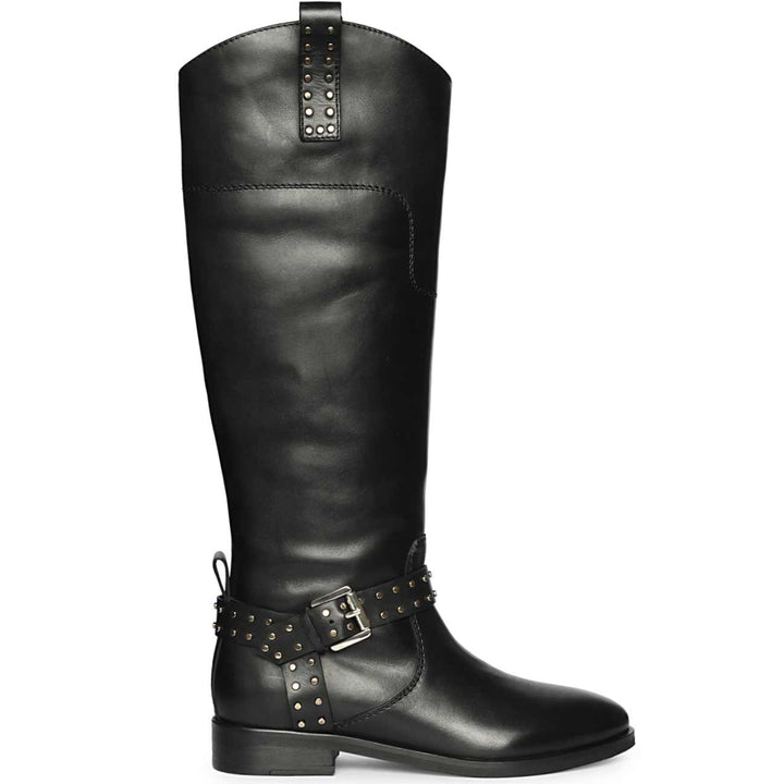 Saint Soraya studded buckle black leather long boots for women, side view of ankle buckle strap