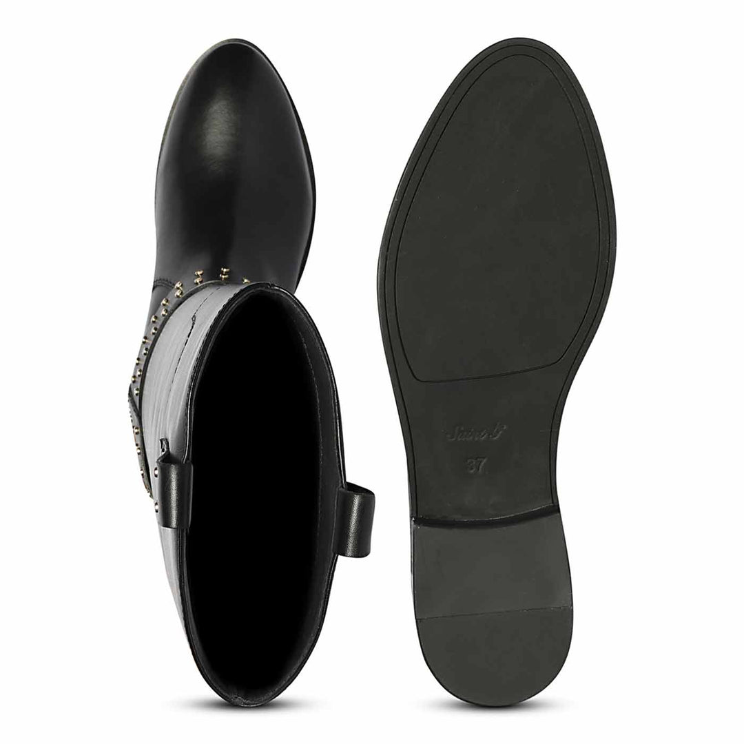 Saint Soraya studded buckle black boots, interior and sole view