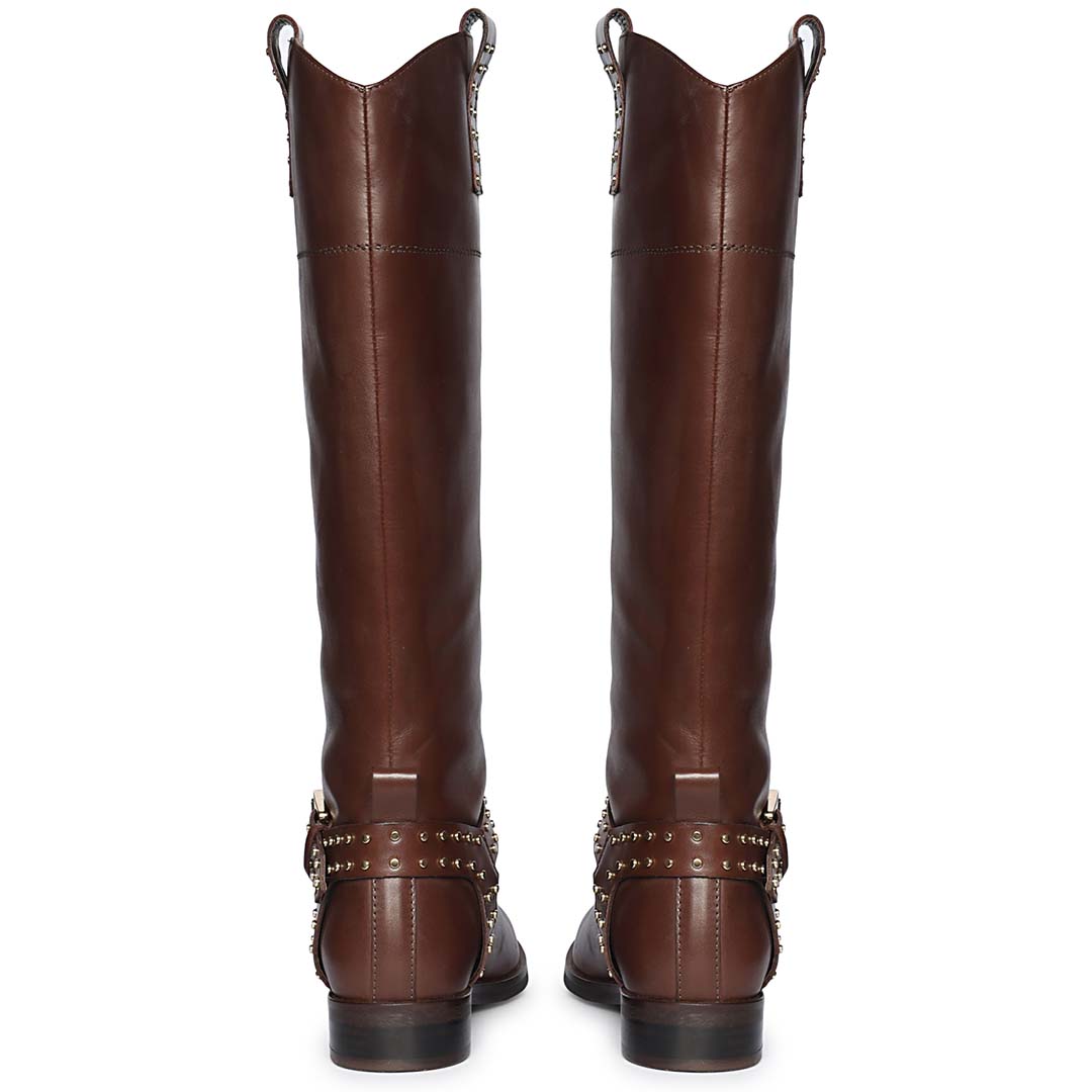 Saint Soraya brown leather long boots for women, back pair view showing pull tab and buckle