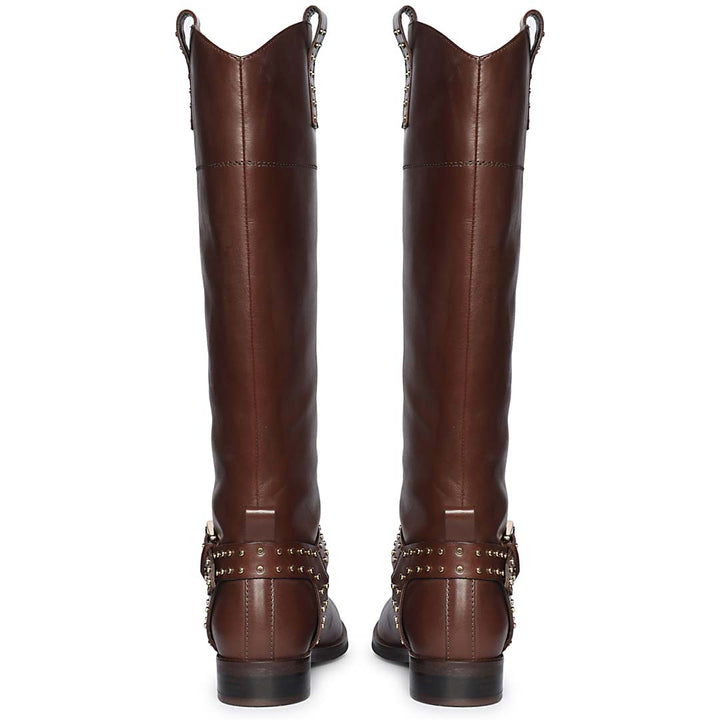 Saint Soraya brown leather long boots for women, back pair view showing pull tab and buckle