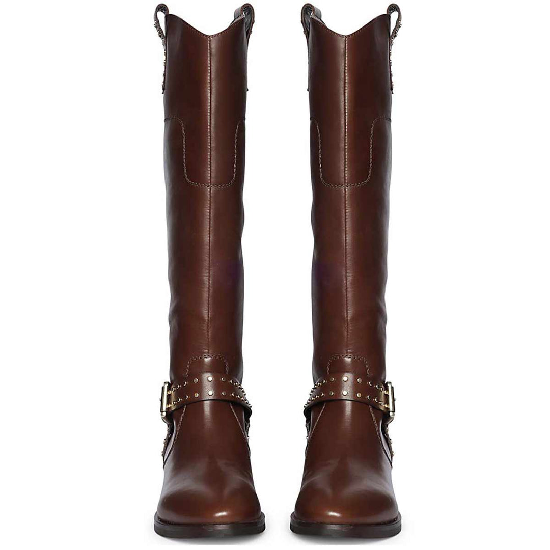 Women's Saint Soraya brown long boots, front pair view of studded buckle strap 