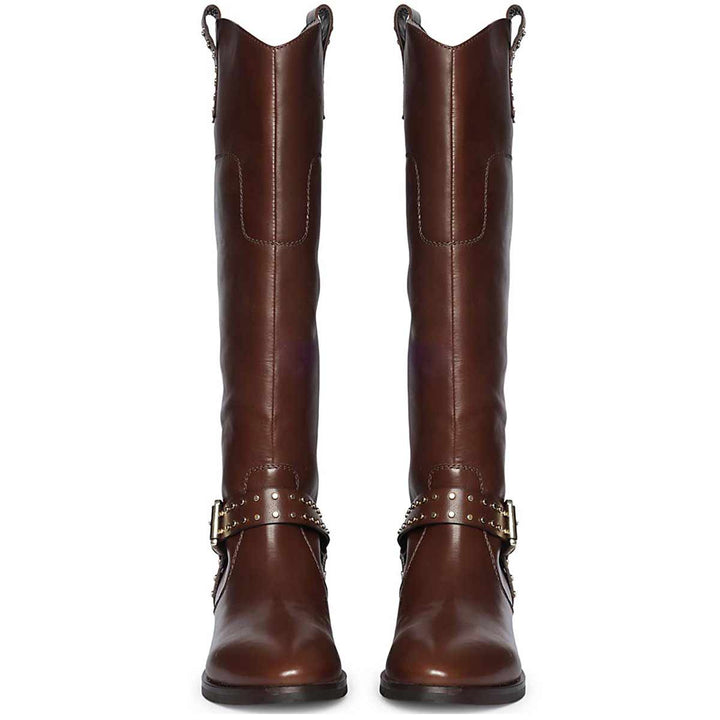 Women's Saint Soraya brown long boots, front pair view of studded buckle strap 